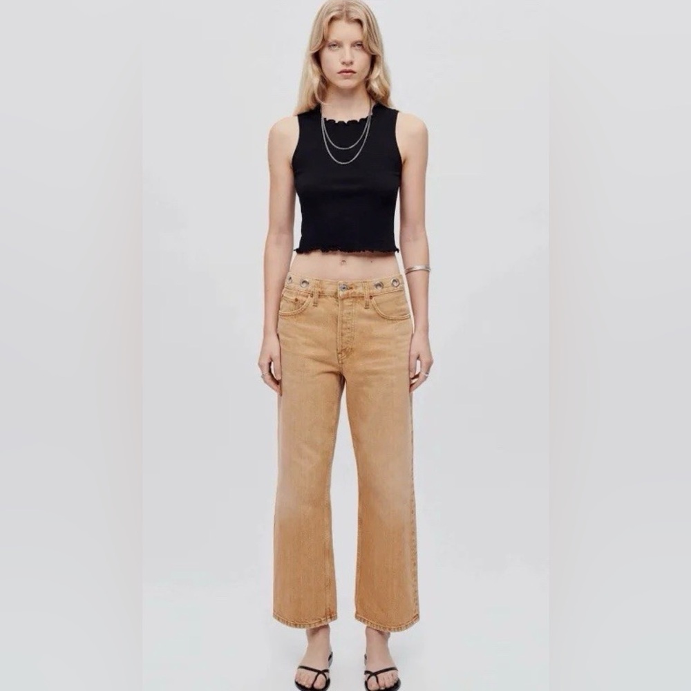 RE/DONE Jeans Loose Cropped Flare Studded Tan Sz 26